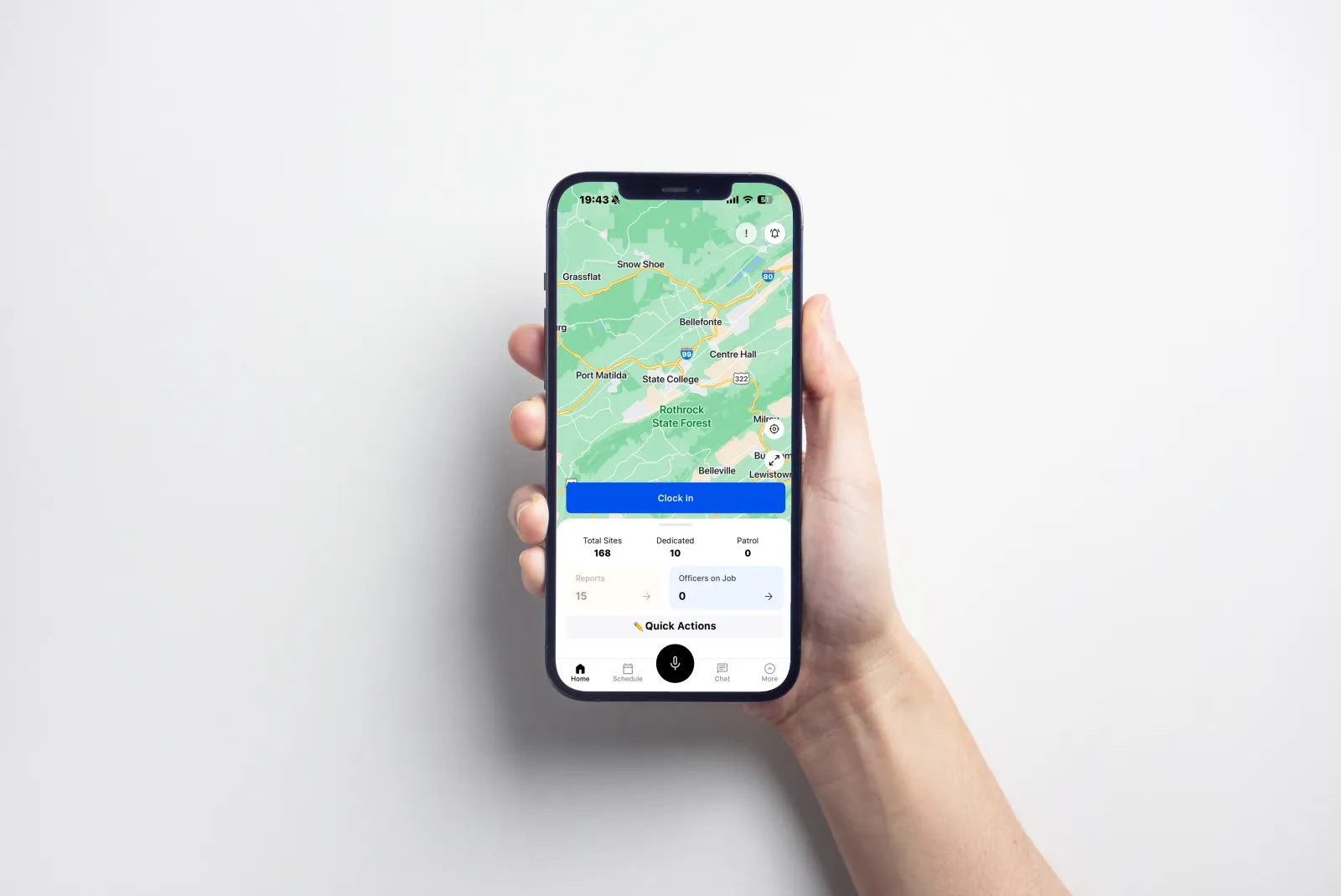 EDGE mobile app showing the Clock In screen and live patrol dashboard